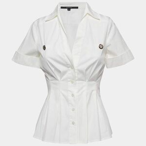 Gucci White Cotton Button Front Pleated Peplum cinched waist Half Sleeve Shirt